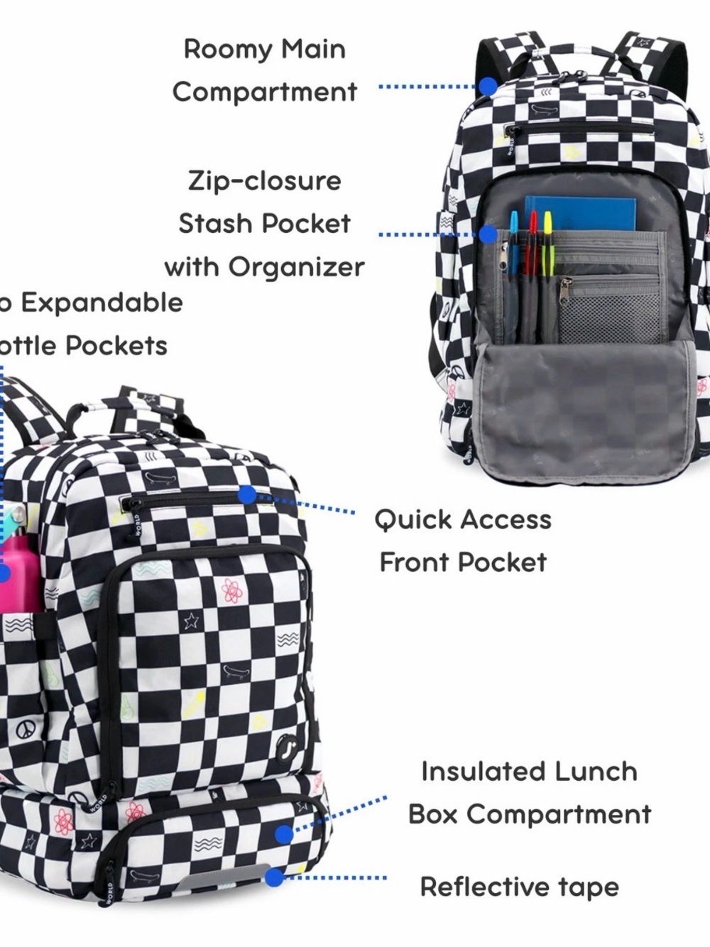 Checkerboard Pattern Backpack with Multicolor Icons - Picture 2 of 9